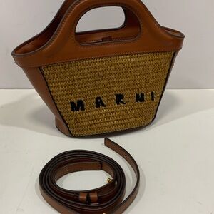 Marni Tan Leather & Straw Mini Tote